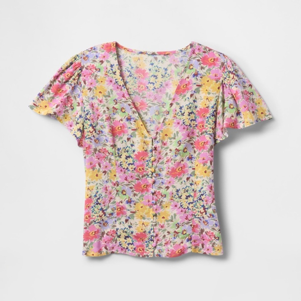 Gap Crepe Flutter-Sleeve Top Spring Multi Floral V Neck Short Sleeve Small Crop - Picture 4 of 13